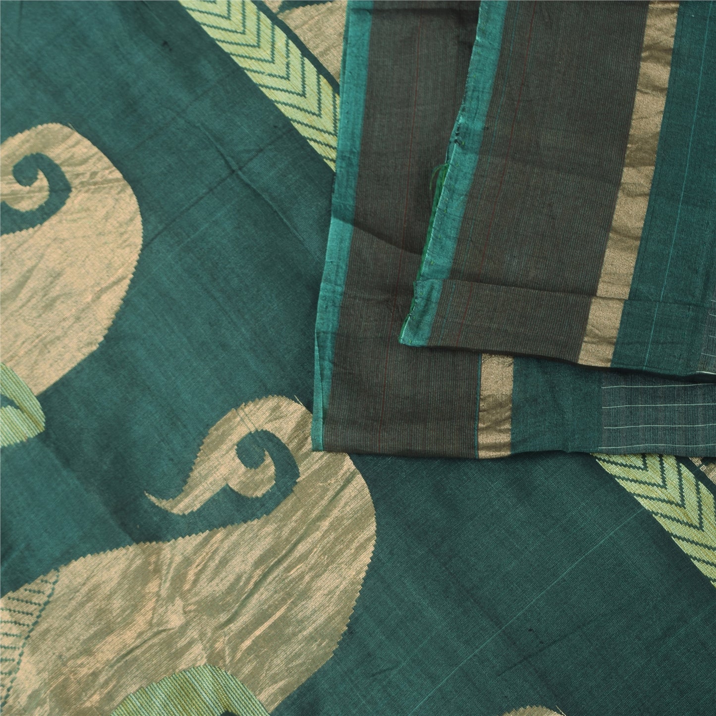 Sanskriti Vintage Sarees Teal Blue Woven Pure Cotton Paisley Sari 5+yd Fabric