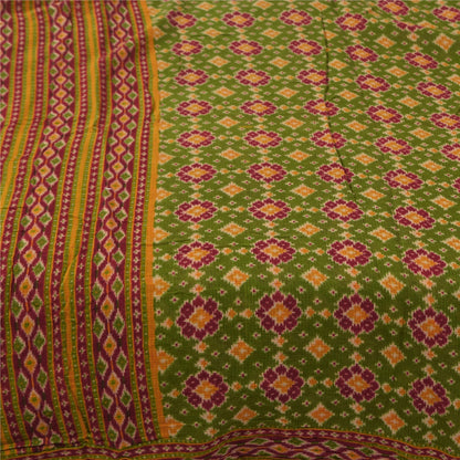 Sanskriti Vintage Sarees Indian Green Pure Cotton Ikat Printed Sari 5+yd Fabric