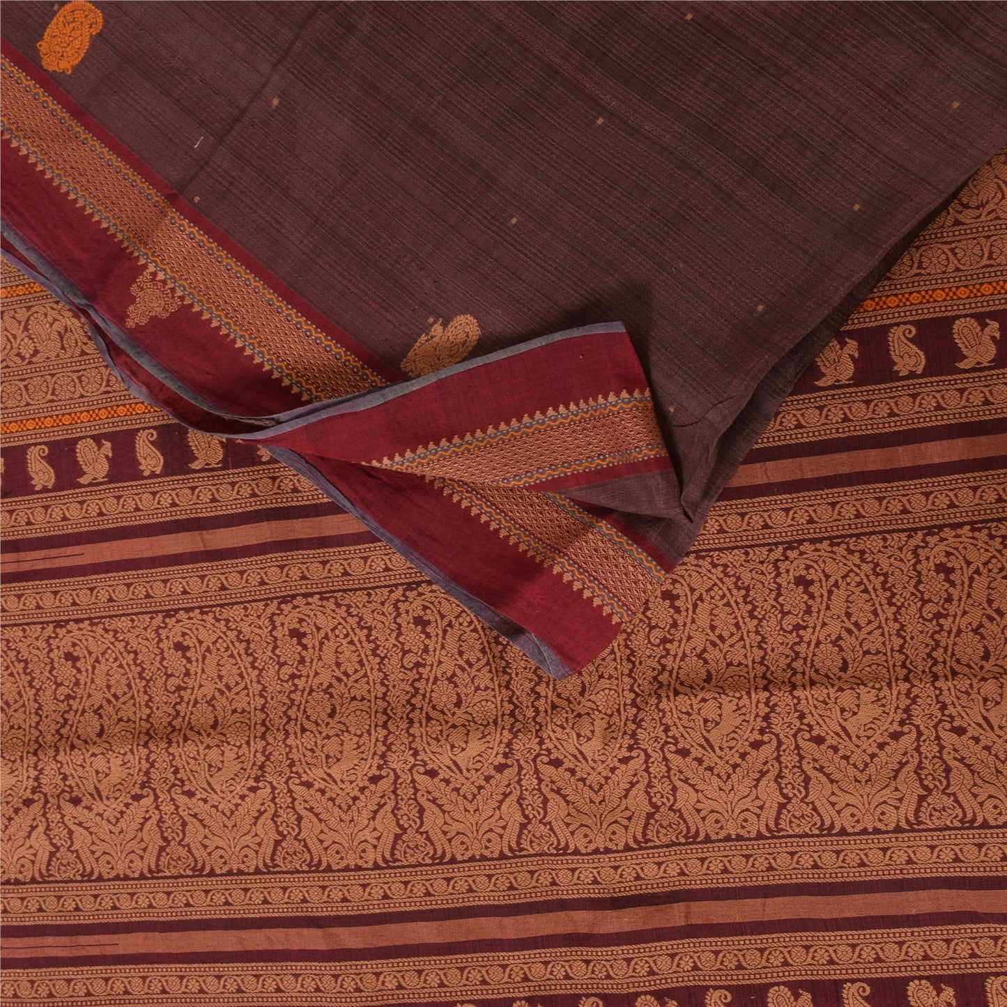 Sanskriti Vintage Sarees Wine Hand Woven 100% Pure Cotton Sari 5+yd Craft Fabric