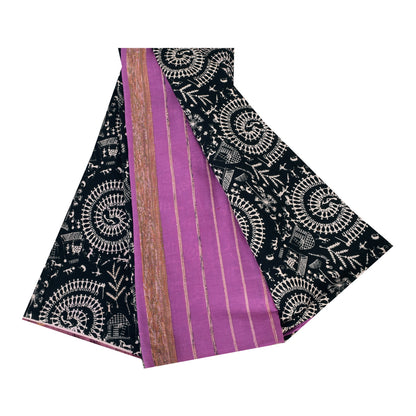 Sanskriti Vintage Sarees Purple Pure Cotton Warli Art/Woven Sari 5+yd Fabric