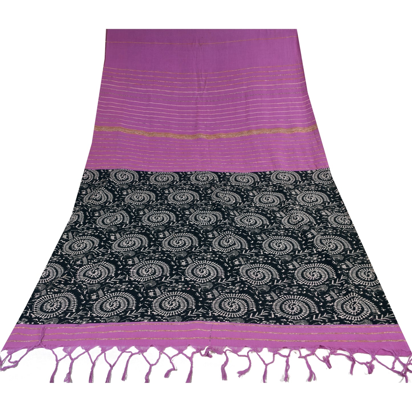 Sanskriti Vintage Sarees Purple Pure Cotton Warli Art/Woven Sari 5+yd Fabric