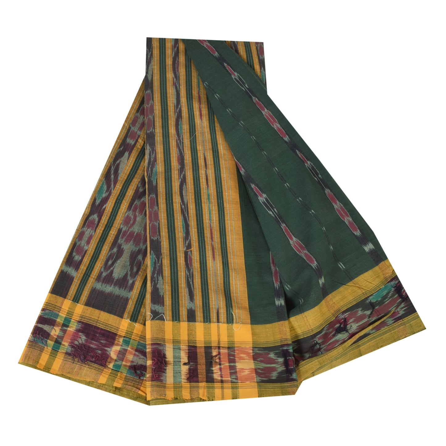 Sanskriti Vintage Sarees GreenIkat Handwoven Odisha Pure Cotton Sari 5+yd Fabric