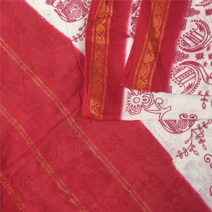 Sanskriti Vintage Sarees White/Red Zari Woven Print Pure Cotton Sari 5+yd Fabric