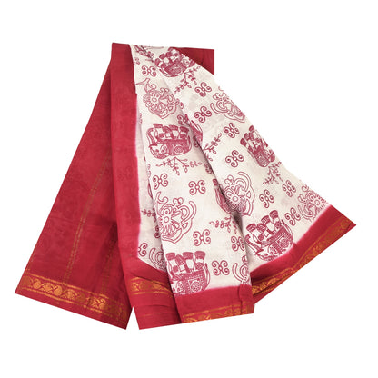 Sanskriti Vintage Sarees White/Red Zari Woven Print Pure Cotton Sari 5+yd Fabric