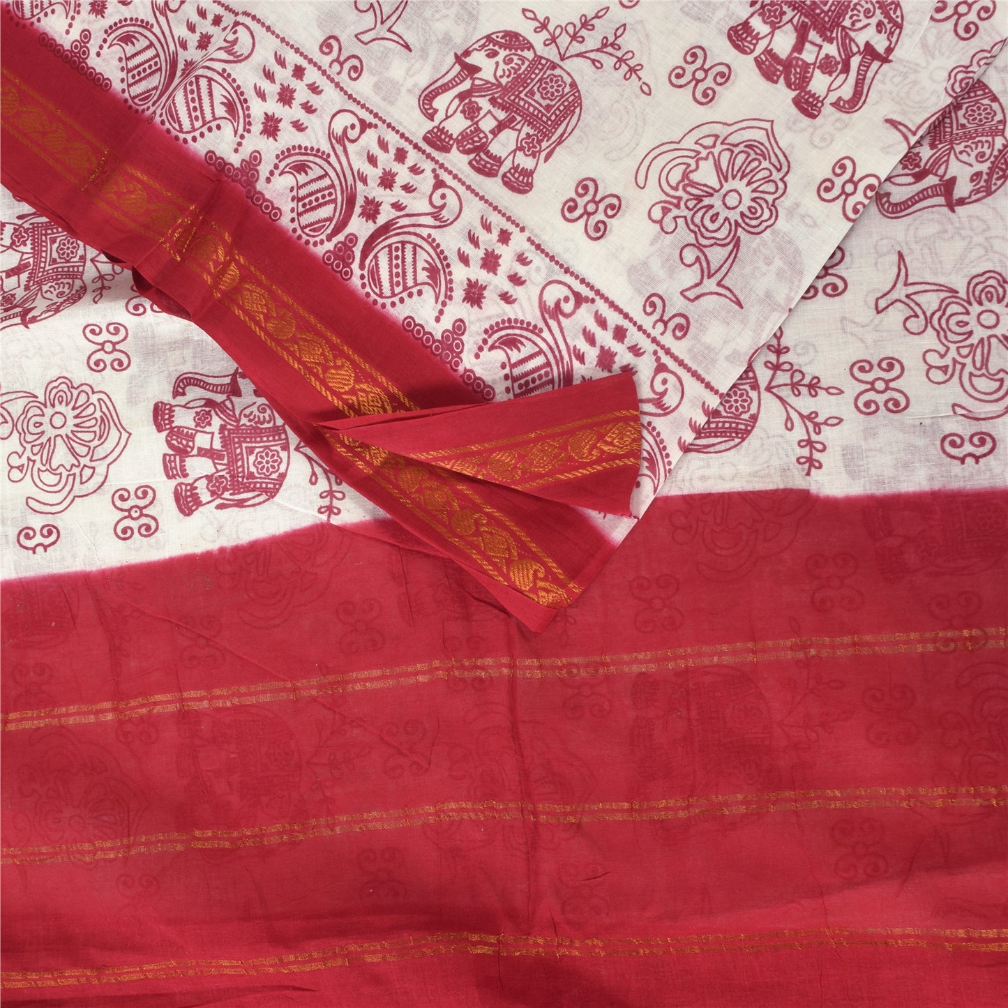 Sanskriti Vintage Sarees White/Red Zari Woven Print Pure Cotton Sari 5+yd Fabric