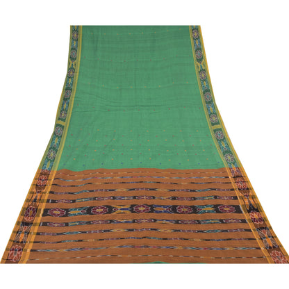 Sanskriti Vintage Sarees GreenIkat Handwoven Odisha Pure Cotton Sari 5+yd Fabric