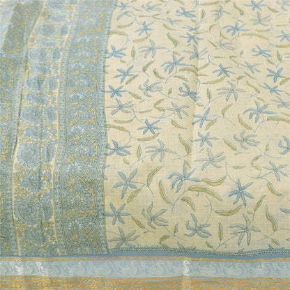 Sanskriti Vintage Sarees Ivory/Blue Pure Cotton Printed Sari 5+yd Craft Fabric