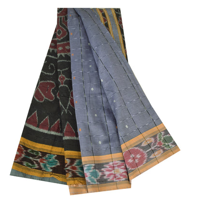 Sanskriti Vintage Sarees Gray Ikat Handwoven Odisha Pure Cotton Sari 5+yd Fabric