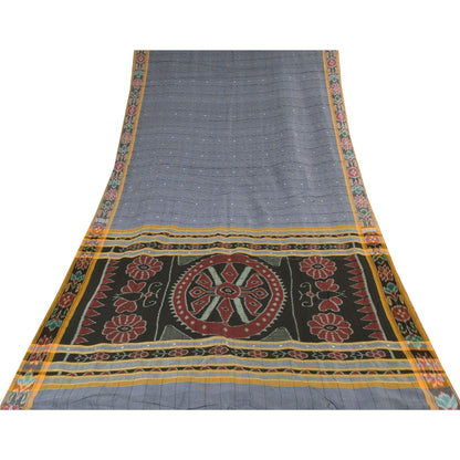 Sanskriti Vintage Sarees Gray Ikat Handwoven Odisha Pure Cotton Sari 5+yd Fabric