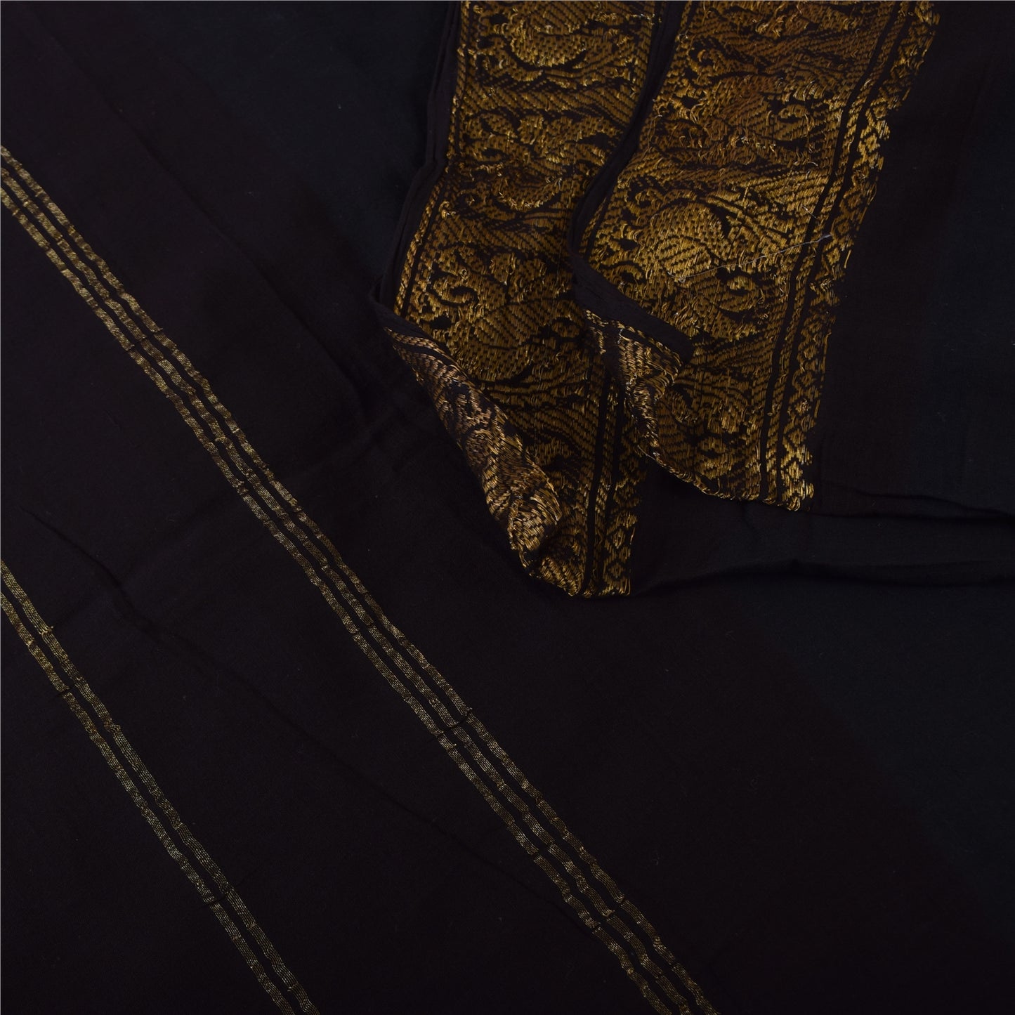 Sanskriti Vintage Sarees Black Pure Cotton Zari Woven/Solid Sari 5+yd Fabric