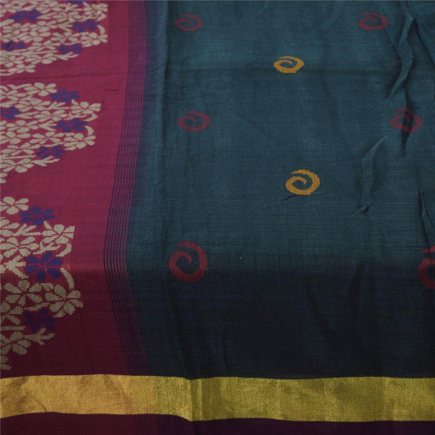 Sanskriti Vintage Sarees Teal Pure Cotton Hand Woven Sari 5+yd Craft Fabric