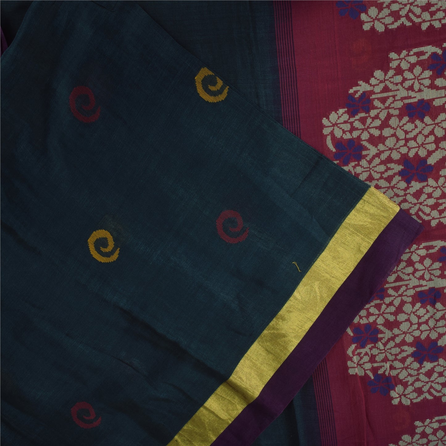 Sanskriti Vintage Sarees Teal Pure Cotton Hand Woven Sari 5+yd Craft Fabric