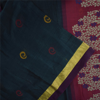 Sanskriti Vintage Sarees Teal Pure Cotton Hand Woven Sari 5+yd Craft Fabric