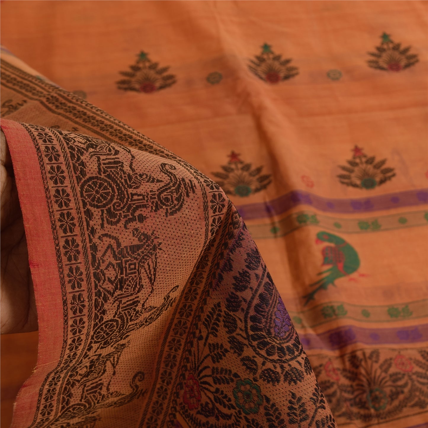 Sanskriti Vintage Sarees Orange Hand Woven Pure Cotton Sari 5+yd Craft Fabric