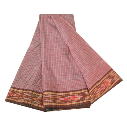 Sanskriti Vintage Sarees Pink Ikat Handwoven Odisha Pure Cotton Sari 5+yd Fabric