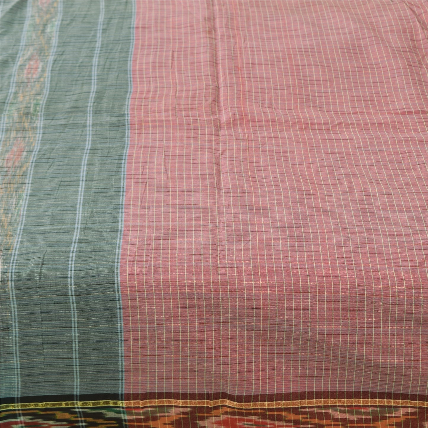 Sanskriti Vintage Sarees Pink Ikat Handwoven Odisha Pure Cotton Sari 5+yd Fabric