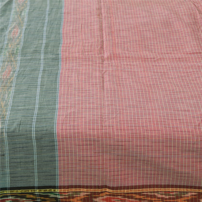 Sanskriti Vintage Sarees Pink Ikat Handwoven Odisha Pure Cotton Sari 5+yd Fabric