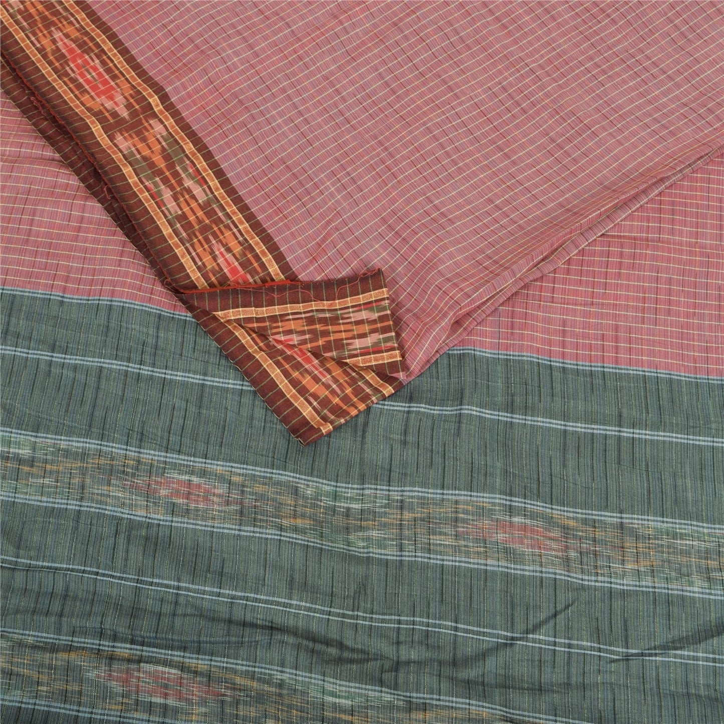 Sanskriti Vintage Sarees Pink Ikat Handwoven Odisha Pure Cotton Sari 5+yd Fabric