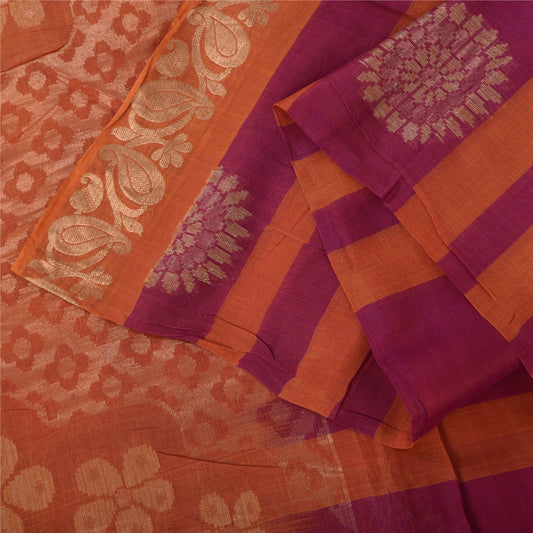 Sanskriti Vintage Sarees Pink/Orange Pure Cotton Woven Sari 5+yd Craft Fabric