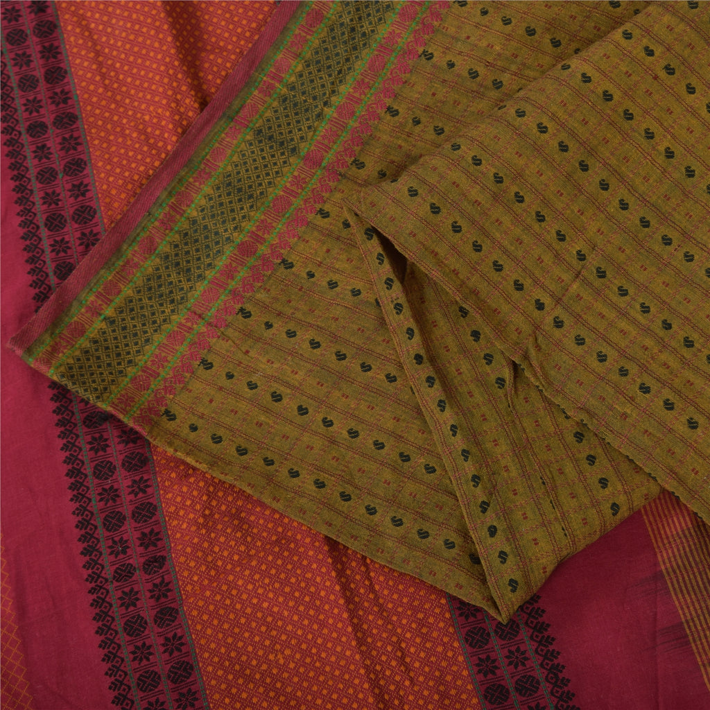 Sanskriti Vintage Sarees Green Woven 100% Pure Cotton Sari 5+yd Craft Fabric