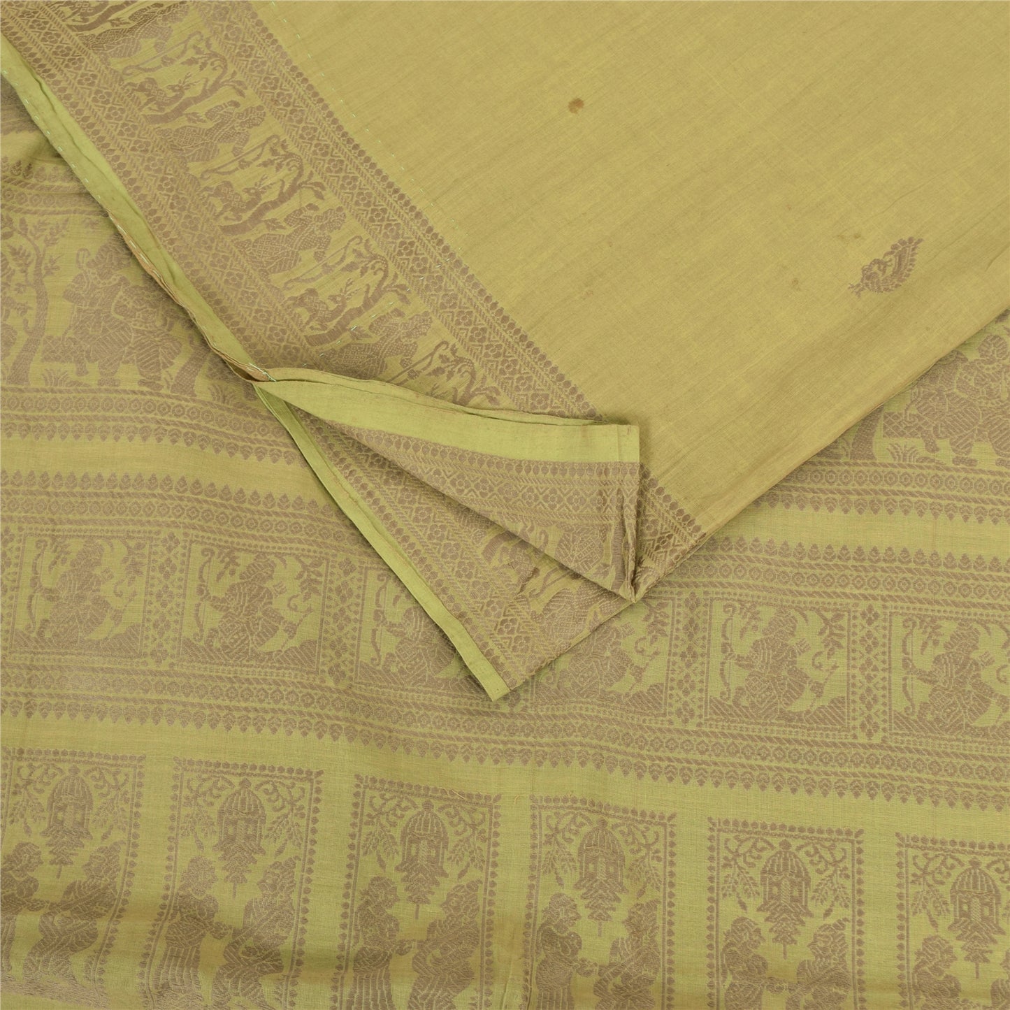 Sanskriti Vintage Sarees Green Baluchari Woven 100%Pure Cotton Sari 5+yd Fabric