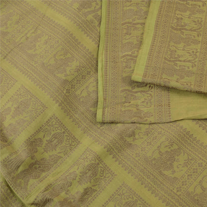 Sanskriti Vintage Sarees Green Baluchari Woven 100%Pure Cotton Sari 5+yd Fabric