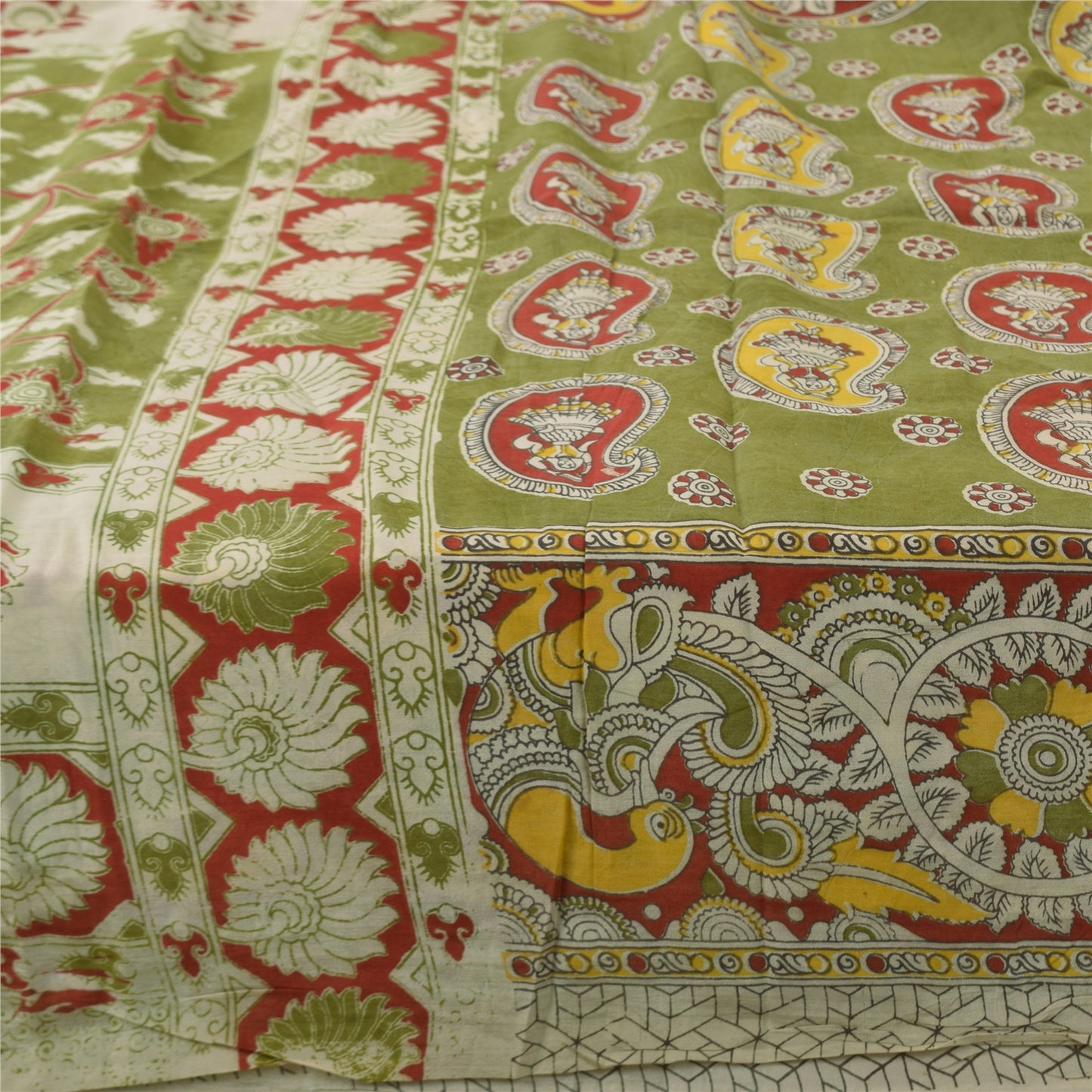 Sanskriti Vintage Sarees Green Handmade Kalamkari Pure Cotton Sari 5+yd Fabric