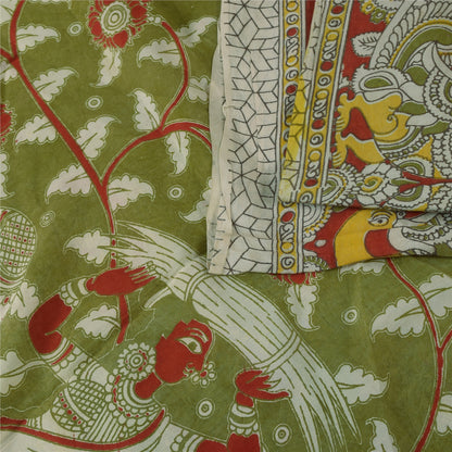 Sanskriti Vintage Sarees Green Handmade Kalamkari Pure Cotton Sari 5+yd Fabric