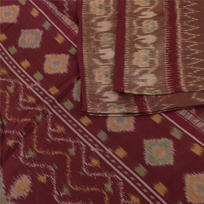 Sanskriti Vintage Sarees Brown Ikat Handwoven 100% Pure Cotton Sari 5+yd Fabric