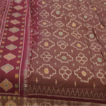 Sanskriti Vintage Sarees Brown Ikat Handwoven 100% Pure Cotton Sari 5+yd Fabric