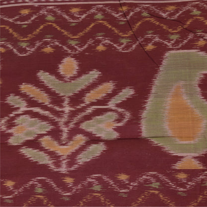 Sanskriti Vintage Sarees Brown Ikat Handwoven 100% Pure Cotton Sari 5+yd Fabric