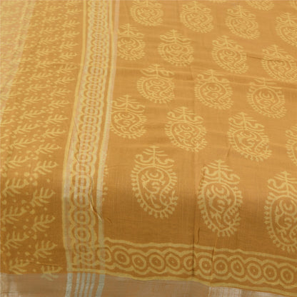 Sanskriti Vintage Sarees Saffron Pure Cotton Hand Block Printed Sari 5+yd Fabric