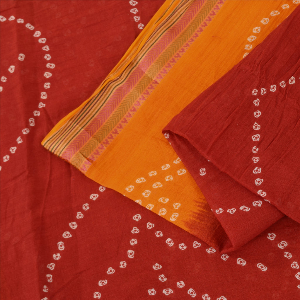 Sanskriti Vintage Sarees Yellow/Red Bandhani Pure Cotton Print Sari 5+yd Fabric