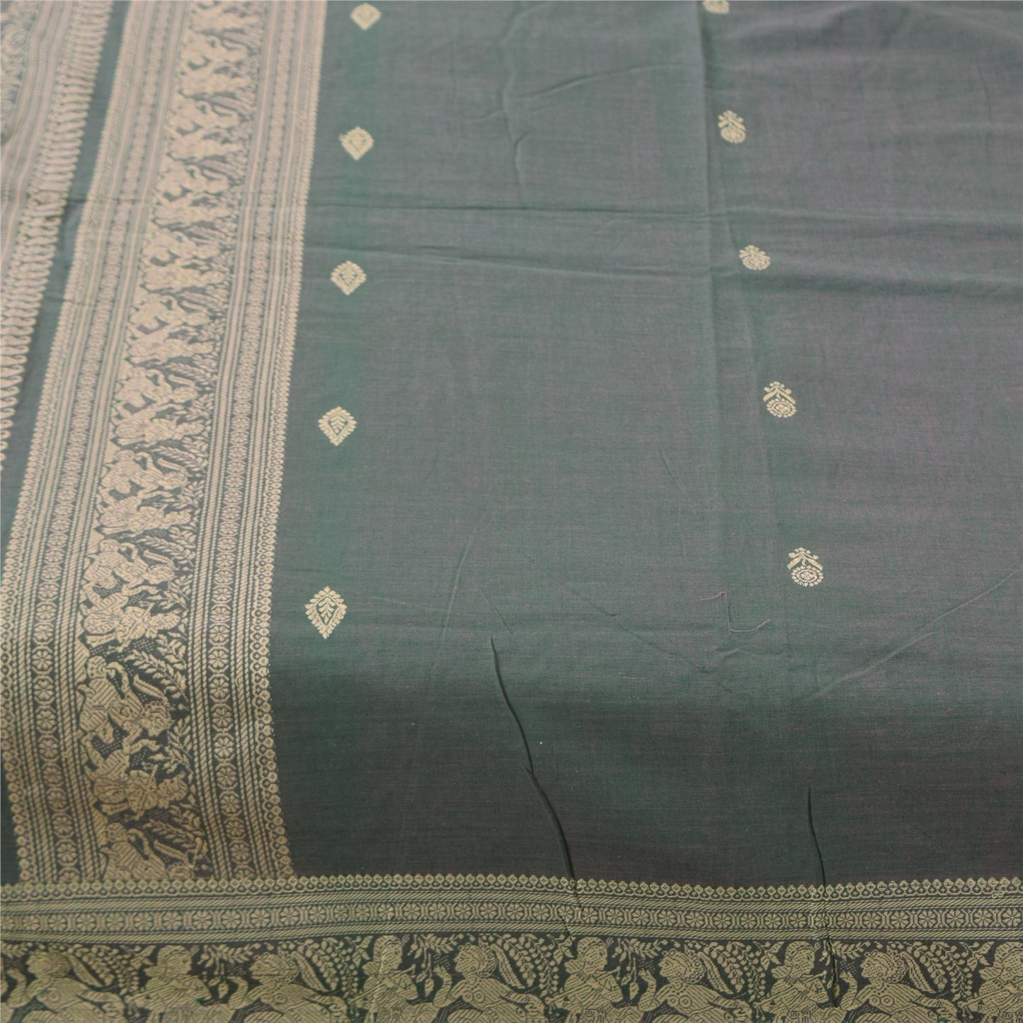 Sanskriti Vintage Sarees Green Baluchari Woven 100%Pure Cotton Sari 5+yd Fabric