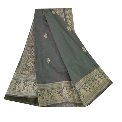 Sanskriti Vintage Sarees Green Baluchari Woven 100%Pure Cotton Sari 5+yd Fabric