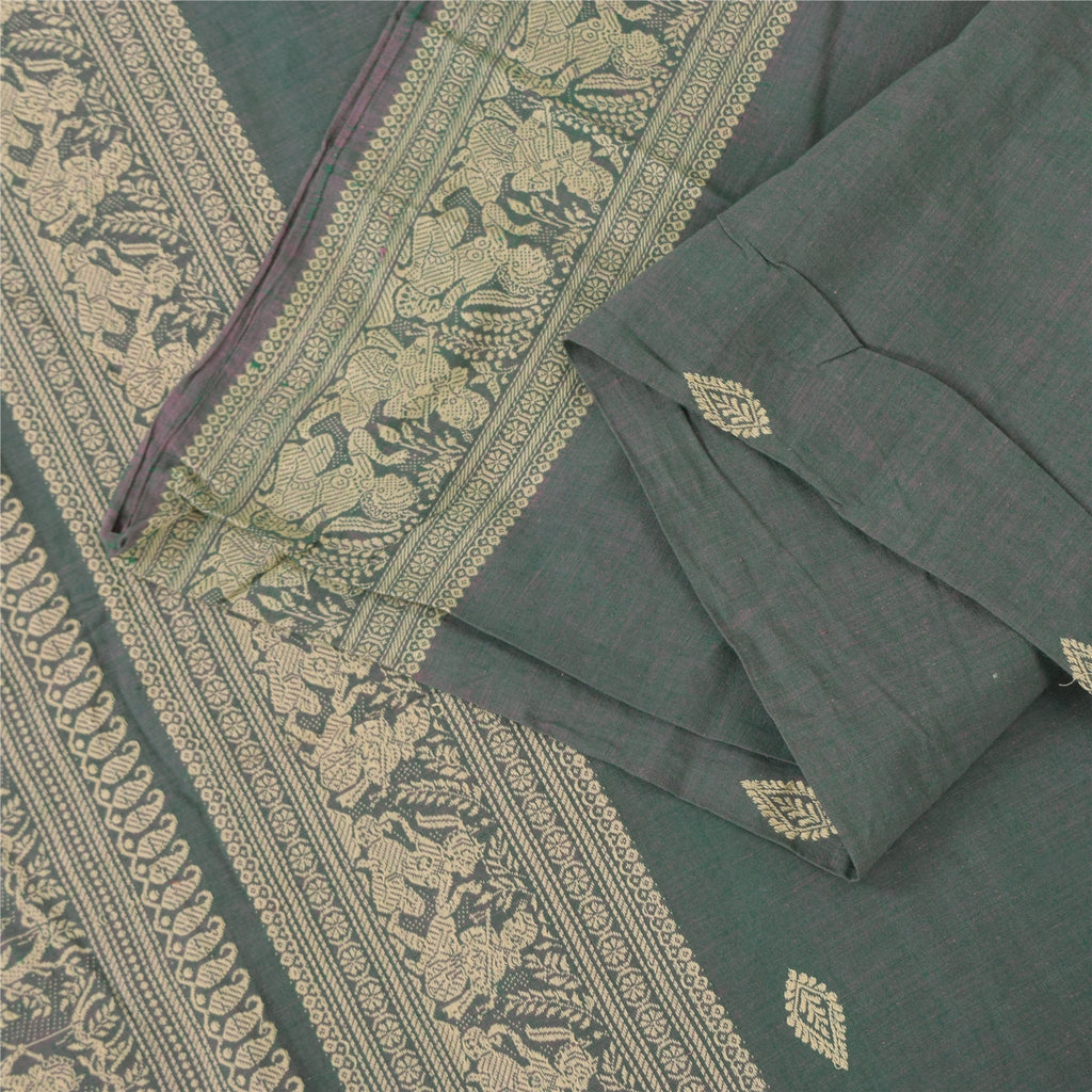 Sanskriti Vintage Sarees Green Baluchari Woven 100%Pure Cotton Sari 5+yd Fabric