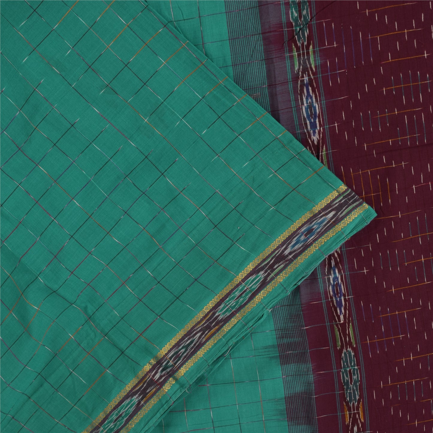 Sanskriti Vintage Sarees Blue Ikat Handwoven Zari Pure Cotton Sari 5+yd Fabric