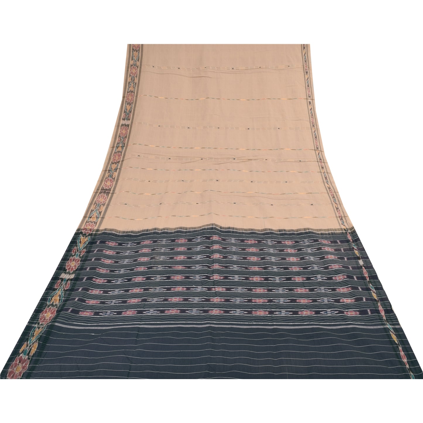 Sanskriti Vintage Sarees Peach Ikat Handwoven 100% Pure Cotton Sari 5+yd Fabric