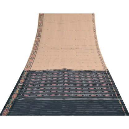 Sanskriti Vintage Sarees Peach Ikat Handwoven 100% Pure Cotton Sari 5+yd Fabric