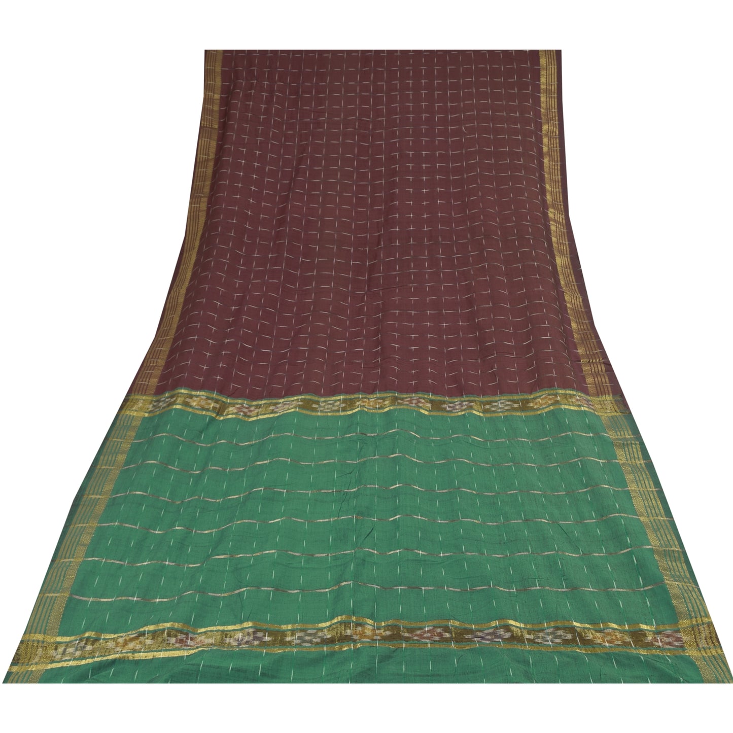 Sanskriti Vintage Sarees Red Ikat Handwoven Zari Pure Cotton Sari 5+yd Fabric