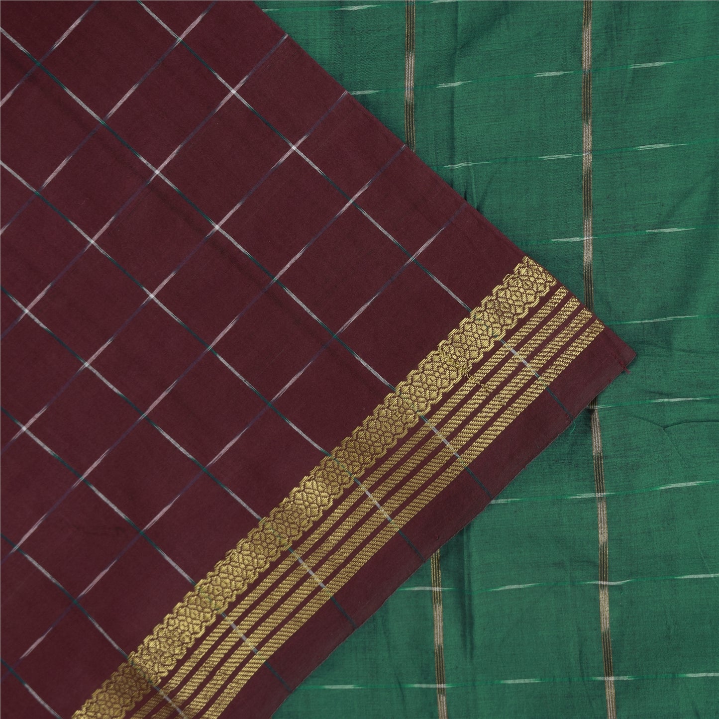 Sanskriti Vintage Sarees Red Ikat Handwoven Zari Pure Cotton Sari 5+yd Fabric