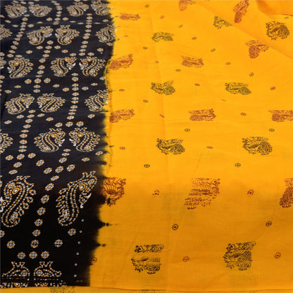 Sanskriti Vintage Sarees Yellow Hand Block Printed Pure Cotton Sari 6+yd Fabric