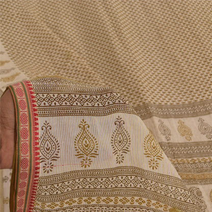 Sanskriti Vintage Sarees Cream Block Printed Pure Cotton Sari 5+yd Craft Fabric