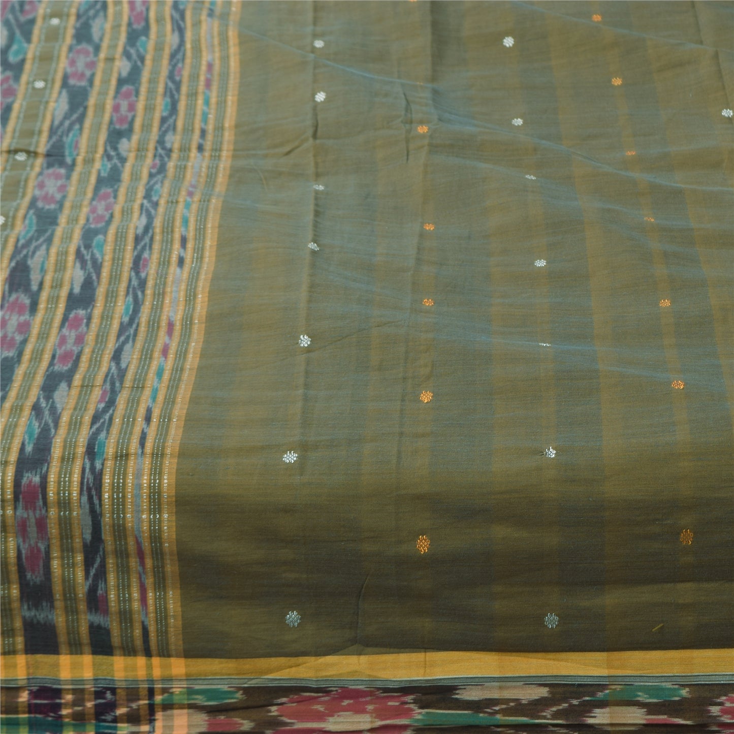 Sanskriti Vintage Sarees GreenIkat Handwoven Odisha Pure Cotton Sari 5+yd Fabric