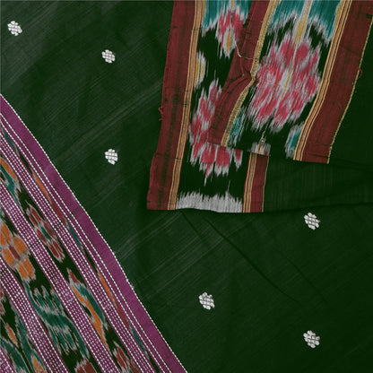 Sanskriti Vintage Sarees GreenIkat Handwoven Odisha Pure Cotton Sari 5+yd Fabric