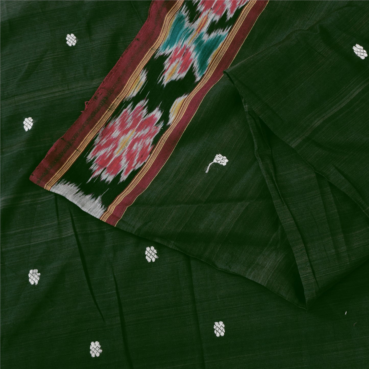 Sanskriti Vintage Sarees GreenIkat Handwoven Odisha Pure Cotton Sari 5+yd Fabric