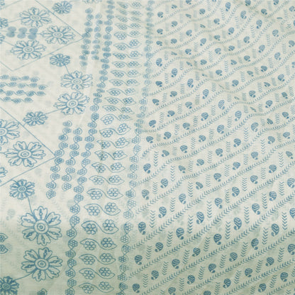 Sanskriti Vintage Sarees White/Blue Indian Cotton Printed Sari 5+yd Craft Fabric