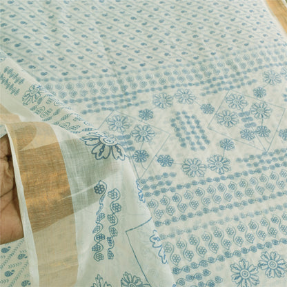 Sanskriti Vintage Sarees White/Blue Indian Cotton Printed Sari 5+yd Craft Fabric