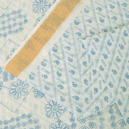 Sanskriti Vintage Sarees White/Blue Indian Cotton Printed Sari 5+yd Craft Fabric