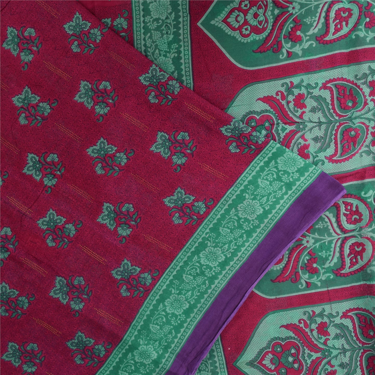 Sanskriti Vintage Sarees Pink/Green Pure Cotton Printed Sari 5+yd Craft Fabric